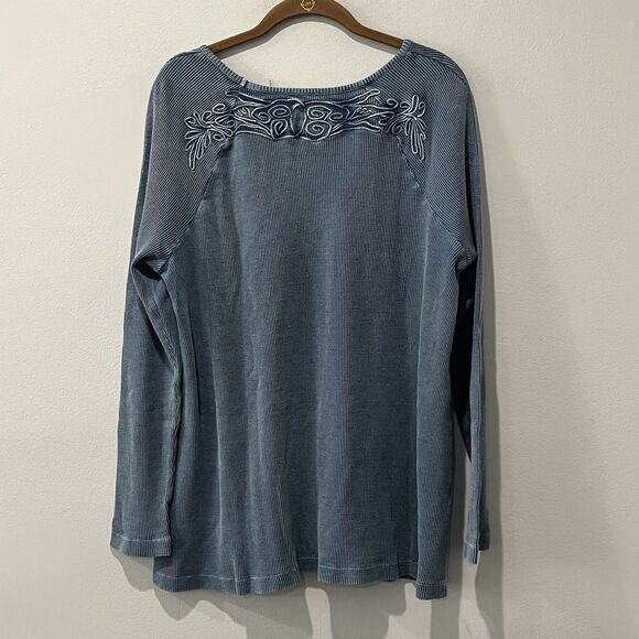 Soft Surroundings Camden Tunic Top Women’s Large Blue Embroidered Waffle Knit - Picture 2 of 7